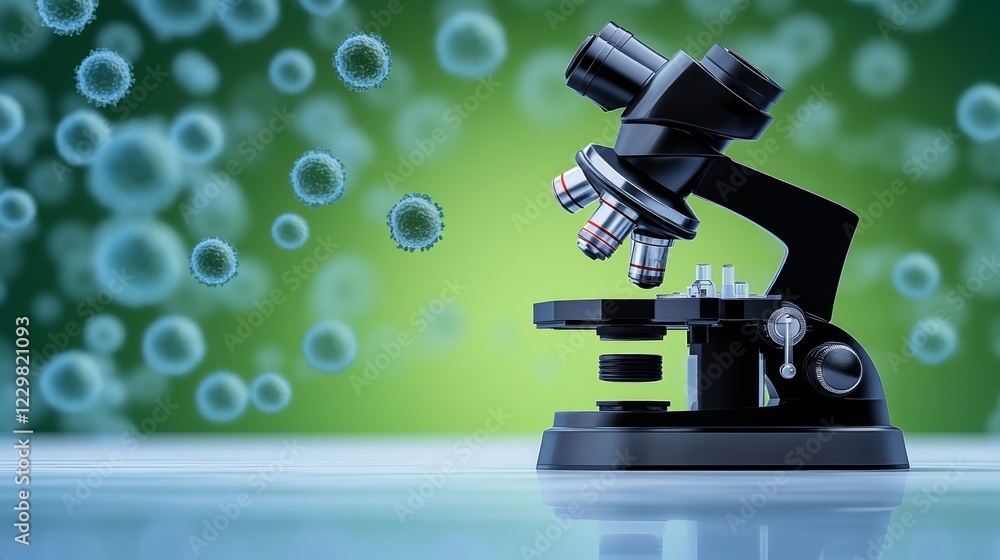 Aufkleber microscope is on a table with a green background. the microscope is surrounded by many small circles