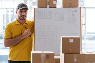 Young Man in Yellow Shirt Next to Whiteboard in Warehouse Setting