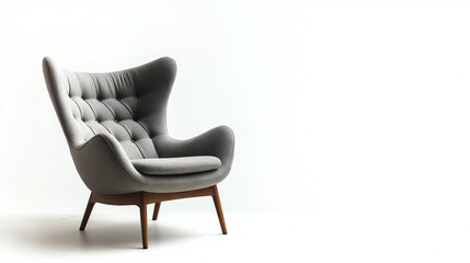 Fototapeta premium Mid-century modern grey wingback chair on white background. Ideal for furniture catalogs, vintage collectibles, and interior design inspiration.