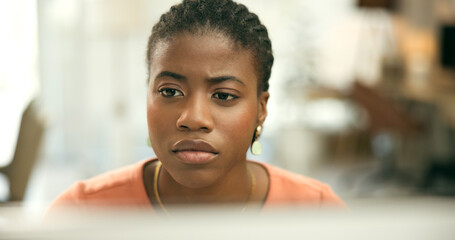 Computer, face and problem solving with a black woman in her office to search for a solution...