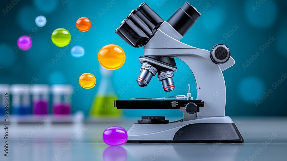 Aufkleber microscope with colorful spheres in front of it. the spheres are of different colors and sizes. the 