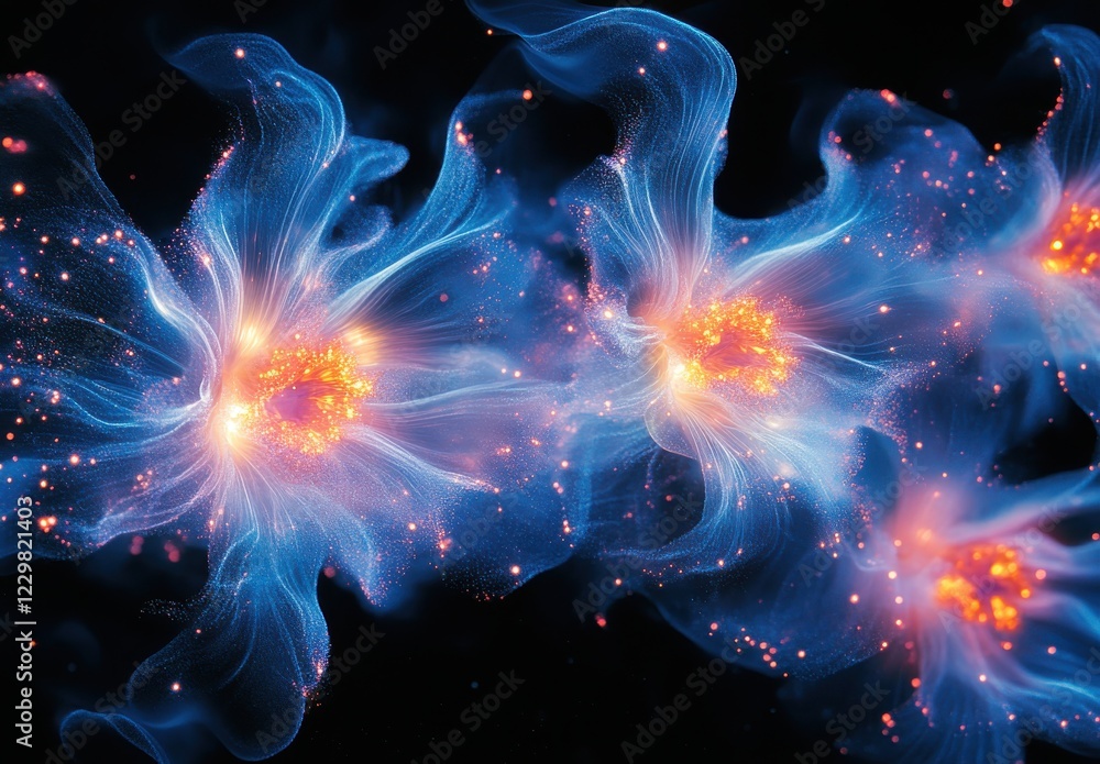 Poster dynamic abstract art depicting colorful energy waves with vivid light particles on a dark background