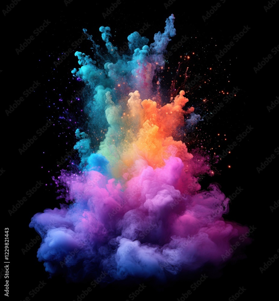 Poster Dynamic Burst of Colorful Smoke and Fog Against a Black Background with Splashes of Light and Vibrant Hues in an Abstract Style