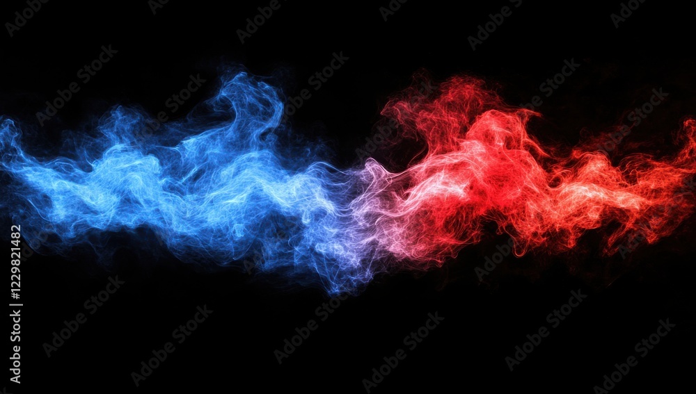 Poster dynamic abstraction featuring smoke waves in blue and red colors on a dark background creating a viv