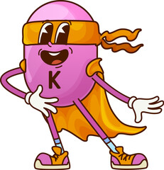 Cartoon groovy vitamin K superhero character. Vector micronutrient defender, retro comic personage wear cape and mask exudes hippie vibe. Pill super hero, capsule supplement, fantasy nutrient bubble