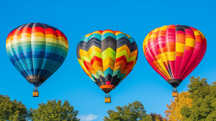 Obraz premium Vibrant hot air balloons floating in blue sky over autumn trees. Ideal for adventure tourism, festival promotion, and outdoor activities.