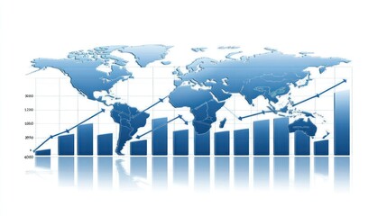 Global growth chart showing upward trend on world map.