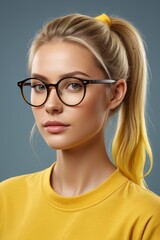 Obraz premium blond woman with glasses and ponytail in yellow sweater posing