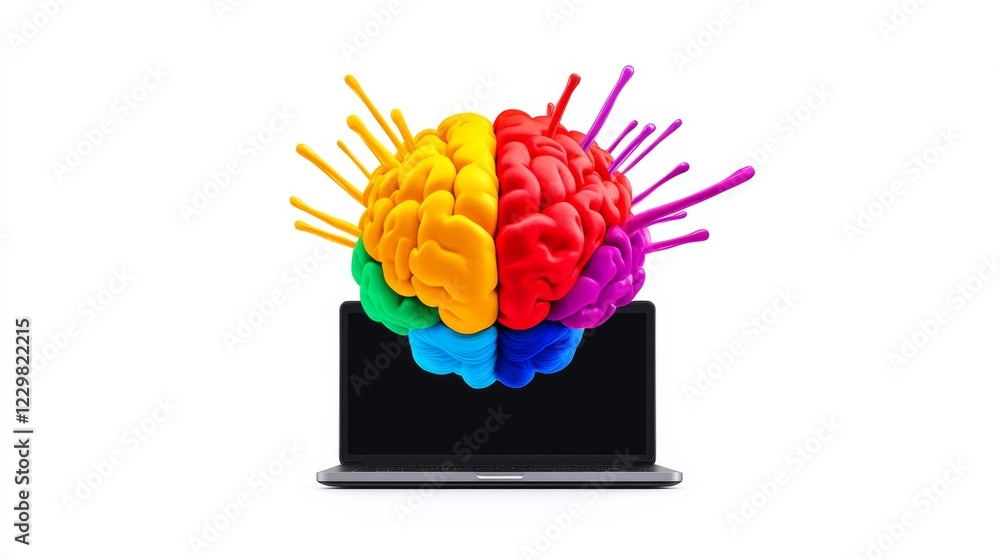 Poster colorful brain is displayed on a laptop screen. the brain is split into two halves, with each half h