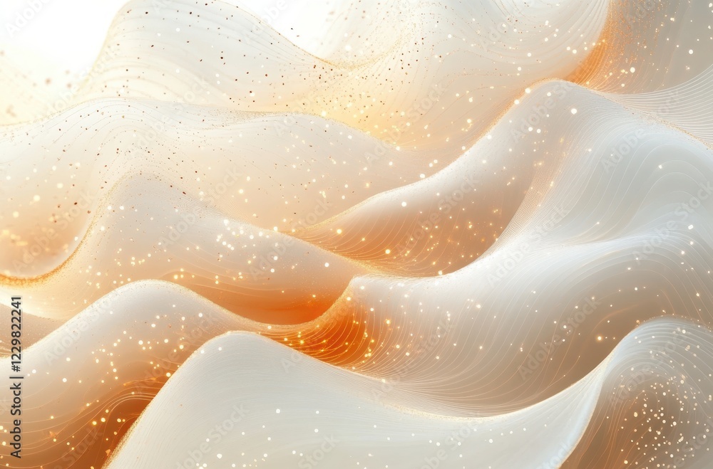 Poster Elegant flowing waves with soft gradients and sparkling golden highlights create a serene and dreamy abstract background for creative projects