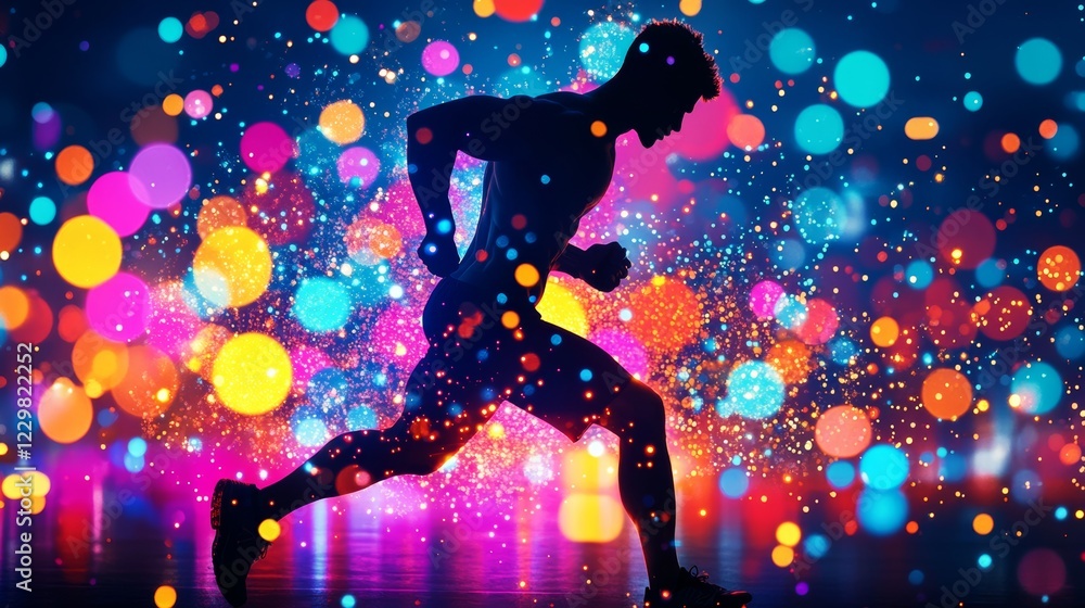 Poster man running in a colorful background with a lot of sparkles. concept of energy and excitement, as th