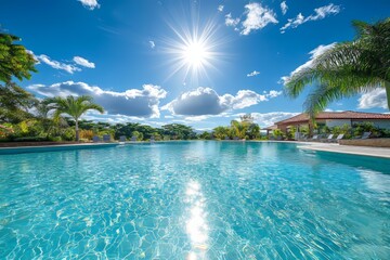 Bright sunny day at a sparkling turquoise swimming pool surrounded by lush greenery in a tranquil setting. Generative AI