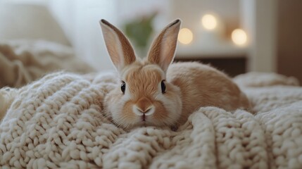 Adorable fluffy bunny rabbit resting on soft white knit blanket with warm bokeh light