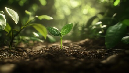 Fototapeta premium A Tiny Sprout's Emergence: Nature's Rebirth in the Forest's Embrace