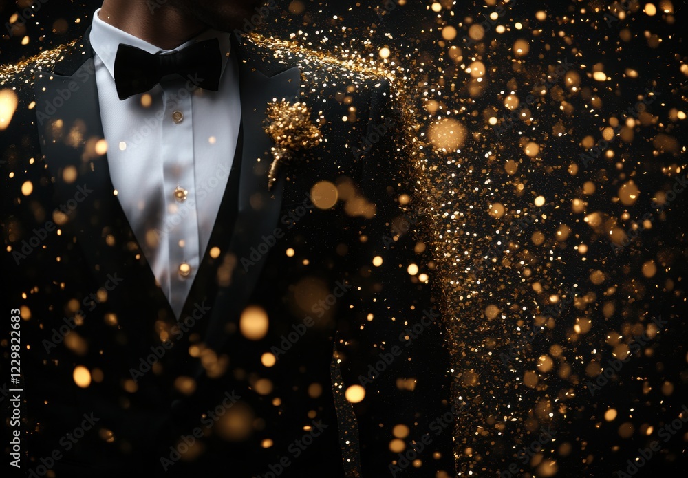 Aufkleber elegant man in tuxedo surrounded by a sparkling gold confetti background, creating an atmosphere of 