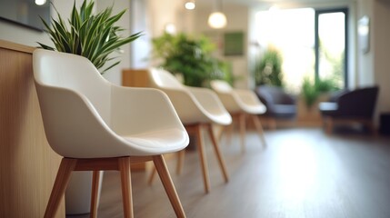 Modern waiting area with white chairs and plants.