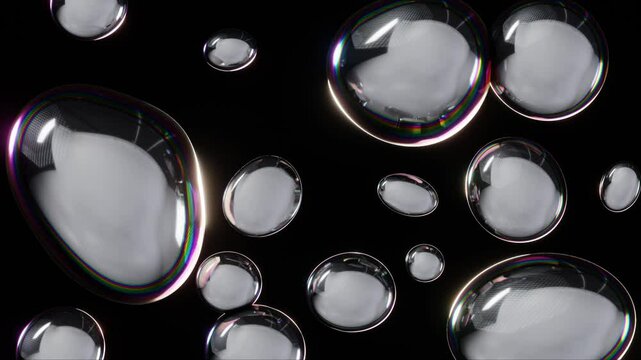 Abstract 3D horizontal animation loop spheres bubbles futuristic chrome metallic silver holographic iridescent prism transparent shapes industrial liquid oil petrol gasoline science biology molecules