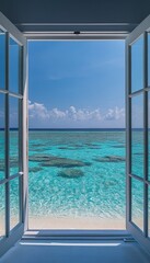 Open Window View to Tropical Paradise, Serene White Sand Beach Meets Turquoise Ocean, Vacation Dream
