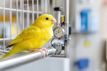 Bright yellow canary perched on metal bar inside a cage with blurred background equipment