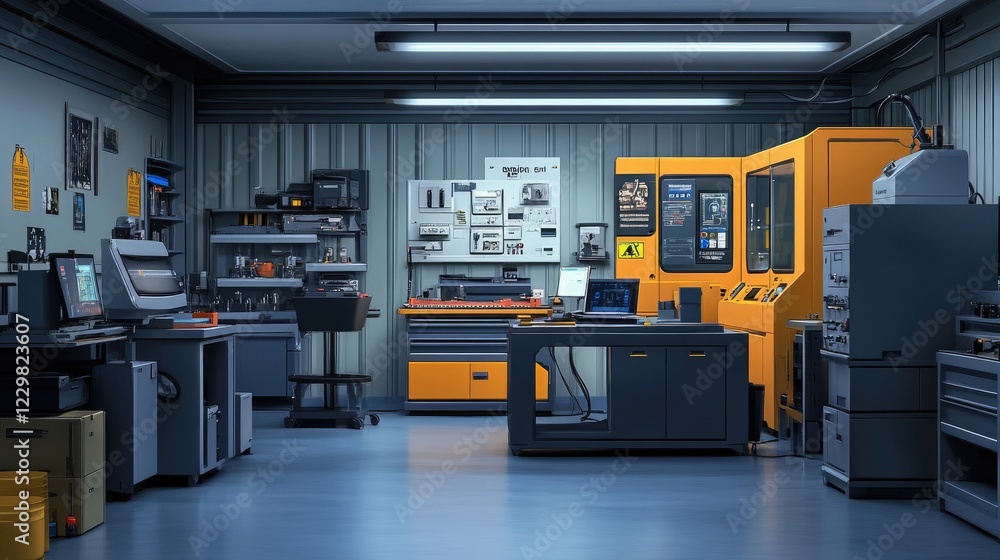 Aufkleber a high-tech industrial workspace with advanced manufacturing technology, precision robotics, and dig