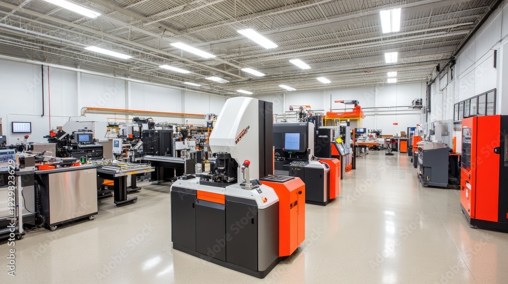 Poster a high-tech industrial workspace with advanced manufacturing technology, precision robotics, and dig