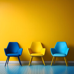 Obraz premium The room features an assortment of yellow and red or blue chairs, offering diverse seating options