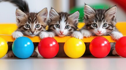 Three cute kittens peek over a yellow barrier with colorful balls in a playful setting