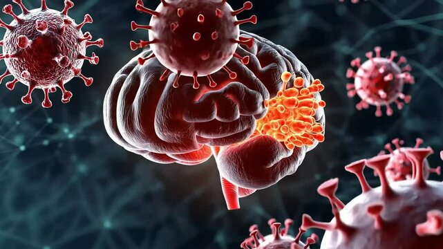 Viral Brain Infection: Microscopic View of a Virus Attacking the Brain