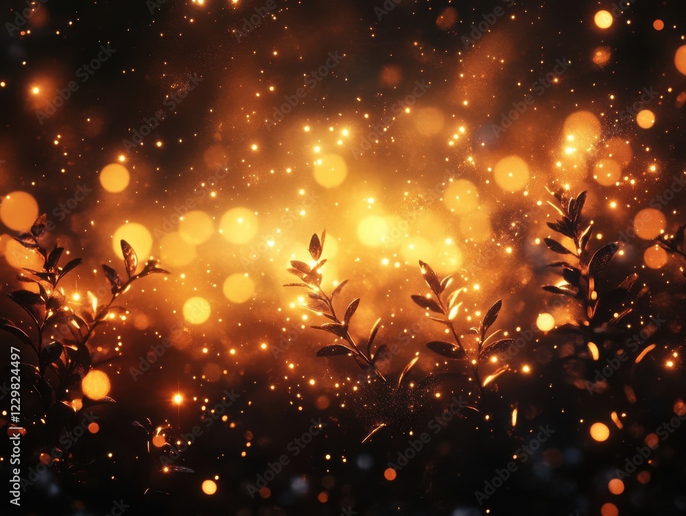 Poster enchanting glow of warm light with delicate green leaves, abstract background of shimmering bokeh an
