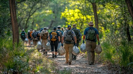 Volunteers carrying trash bags on a trail cleanup.