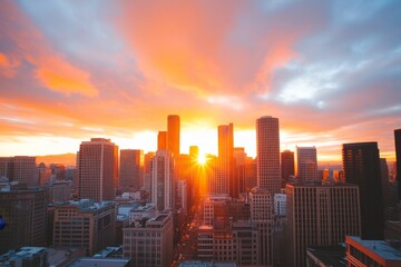 A cityscape at sunrise, symbolizing the untapped potential of a new day, with soft golden light illuminating skyscrapers