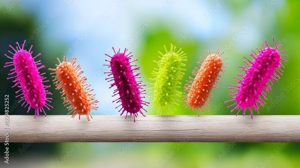 Poster row of colorful, fuzzy looking bugs are lined up on a wooden pole. the bugs are of different colors,
