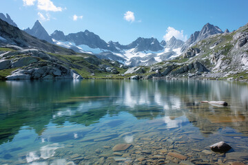 A mountain lake surrounded by snow-capped peaks, with crystal-clear water reflecting the sky.