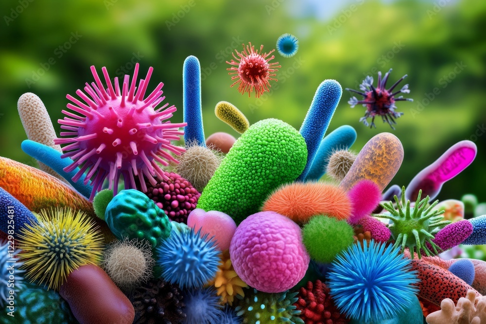 Poster colorful assortment of bacteria and viruses are floating in the air. concept of chaos and disorder, 