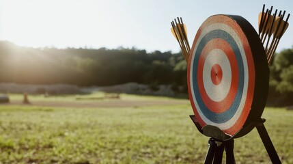 Neatly arranged archery gear in a field, emphasizing precision and sport. Ideal for archery and outdoor content.