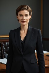 woman in black suit standing in front of a desk in an office
