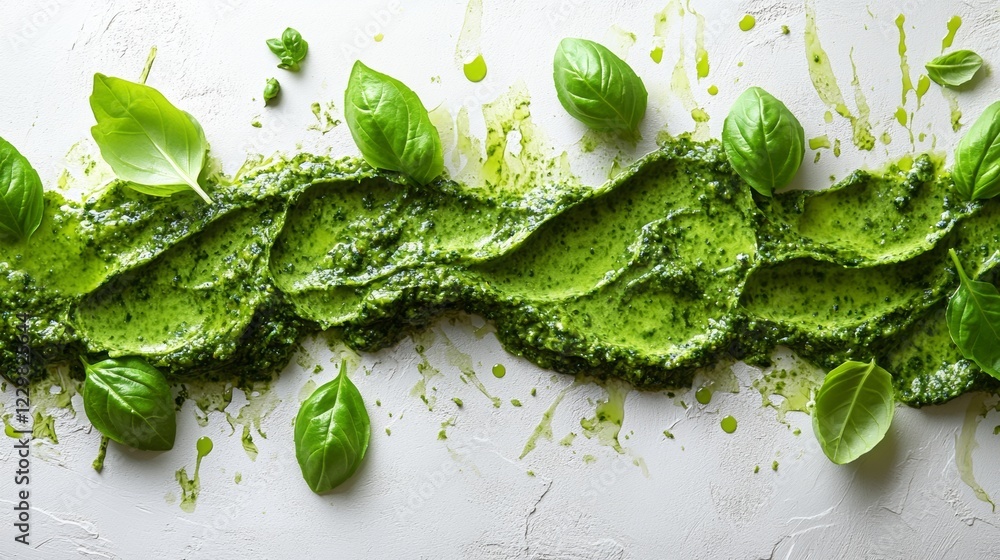 Poster green sauce is spread across a white background with green leaves. the sauce is made from basil and 