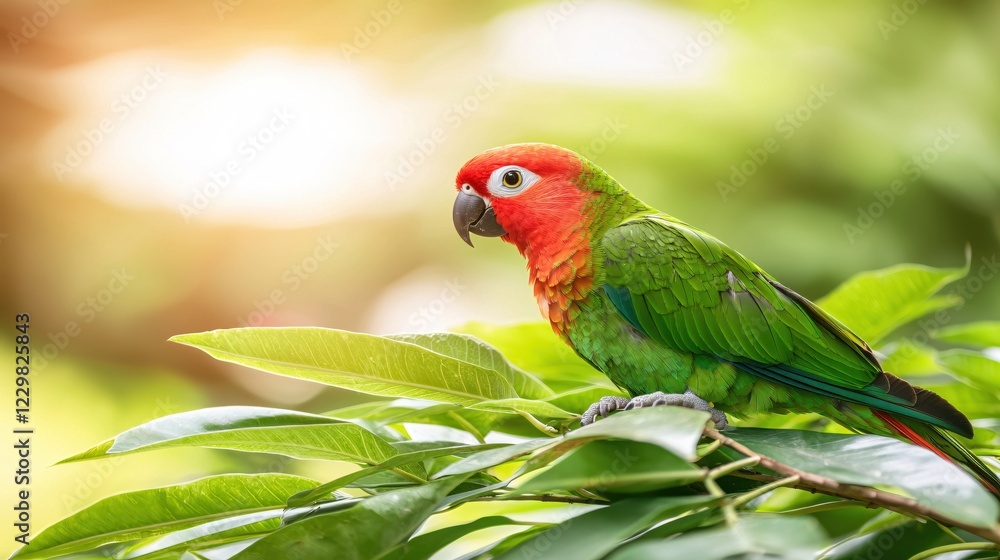 Poster green and red parrot perched on a leafy branch with a soft bokeh background of sunlight