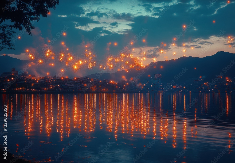 Poster enchanting twilight scene with floating lanterns illuminating a serene lake and reflecting vibrant c