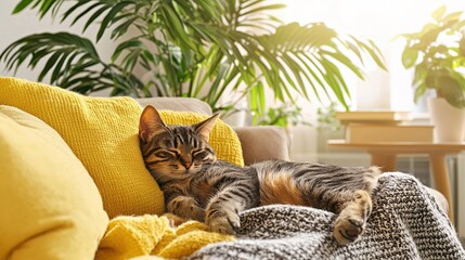 Tabby cat resting on a couch with yellow pillows and a soft blanket in a bright room