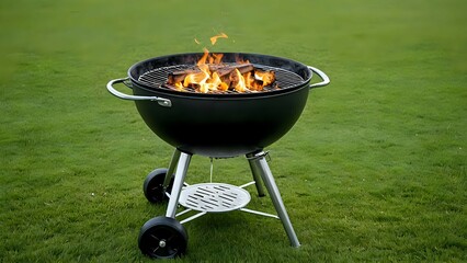 A black charcoal barbecue grill with flaming wood burning inside, sits on a vibrant green lawn.  Perfect for summer BBQ themes.