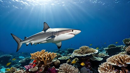 Fototapeta premium Majestic grey reef shark gracefully swims over vibrant coral reef, sunbeams illuminate scene.