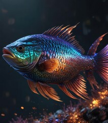 Fototapeta premium Iridescent fish with scales that shine like embers on black canvas, fiery, colorful