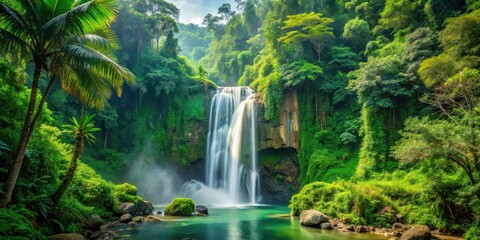 lush green forest surroundings with a large waterfall cascading down a rocky cliff amidst tropical foliage , nature scenery, tropical environment