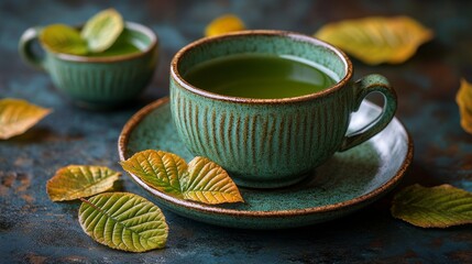 Green tea cup with a green saucer sits on a table with leaves. The leaves are arranged in a way that they are not overlapping the cup, but rather are placed around it. Concept of calm and relaxation