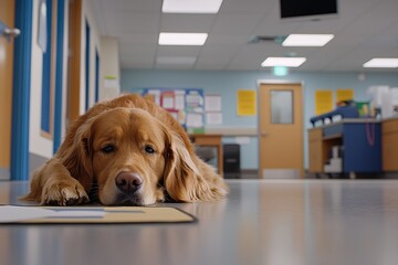 Golden retriever lying on floor in school hallway with blue walls and wooden doors