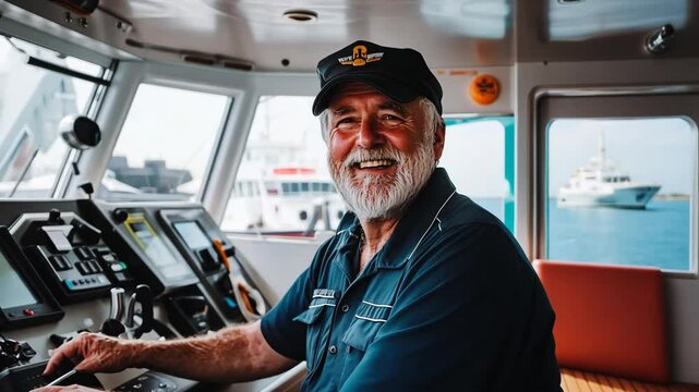 Experienced boat captain smiles while navigating in a busy harbor during the day