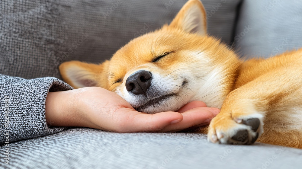Poster sleeping shiba inu puppy resting on a hand with a gray textured sofa in the background