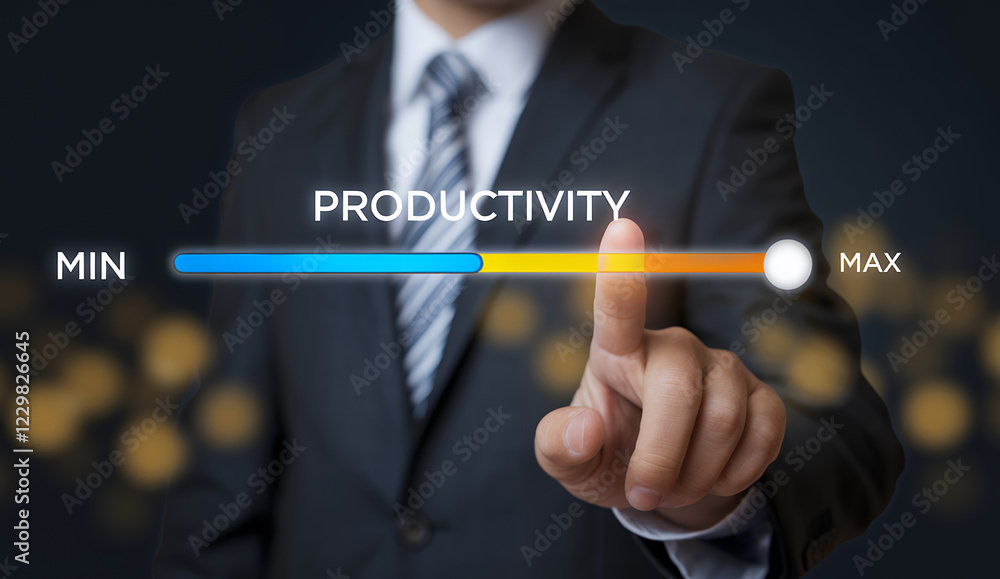 Poster Boosting Business Productivity: A Businessman Optimizes Efficiency with a Virtual Slider, Representing Progress, Growth, and Optimization in Business Operations. Increase