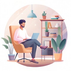 Man Working on Laptop in Tranquil Home Office